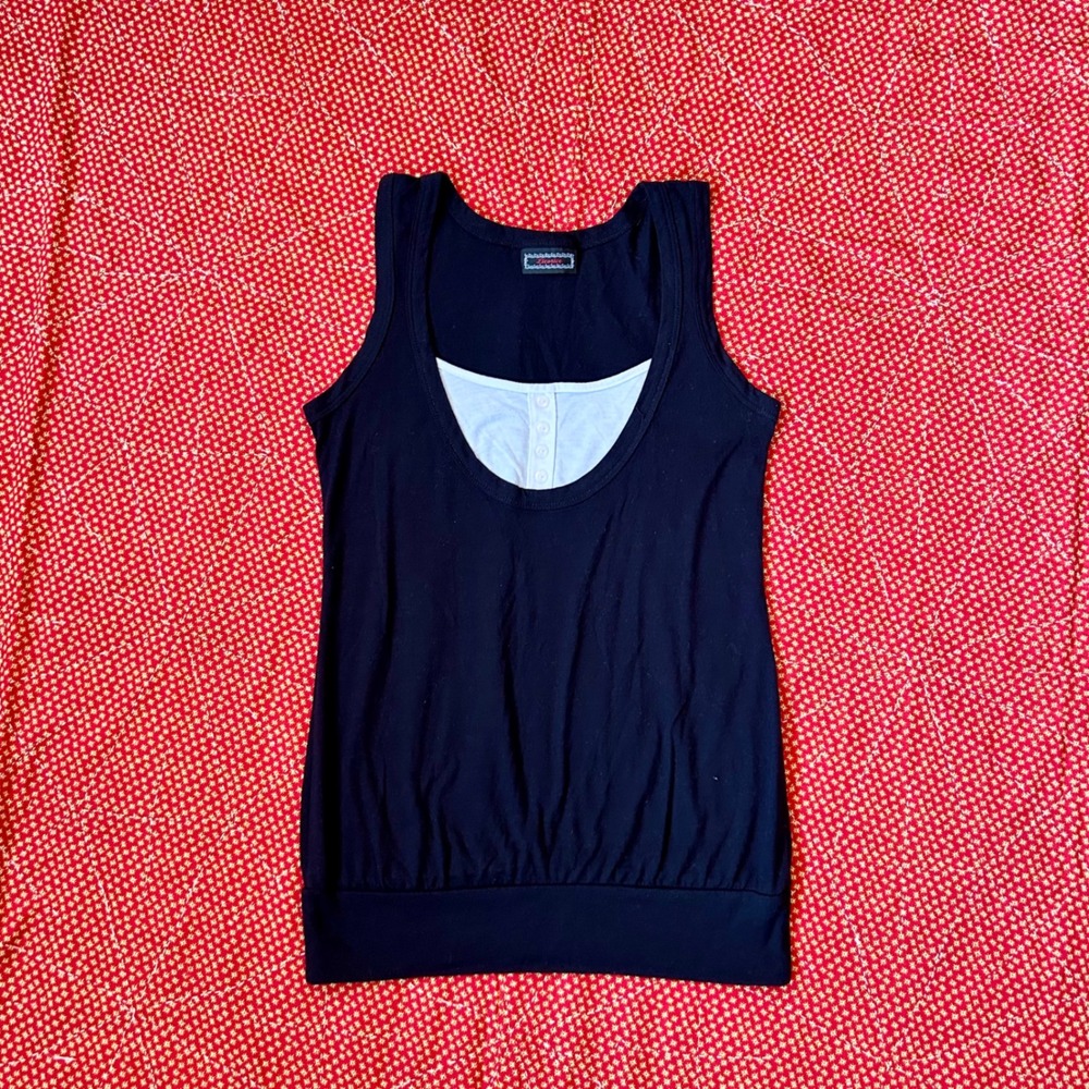 Licorice Vintage 90s 2000s Black Layered Look Henley Tank Top Scoop Neck